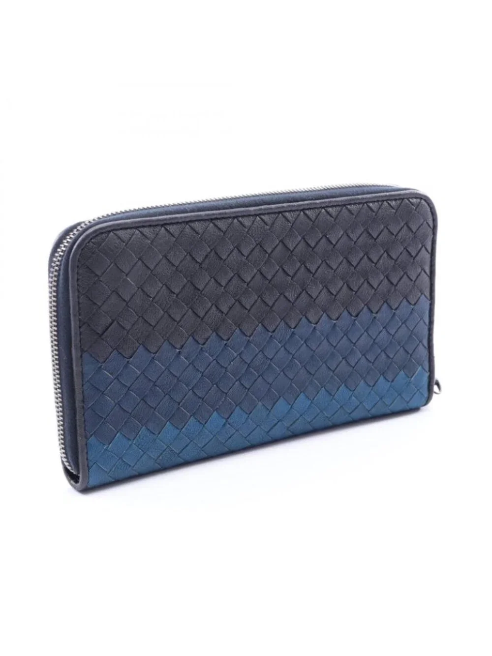 Bottega Veneta Round Wallet Intrecciato Black Navy Blue Leather